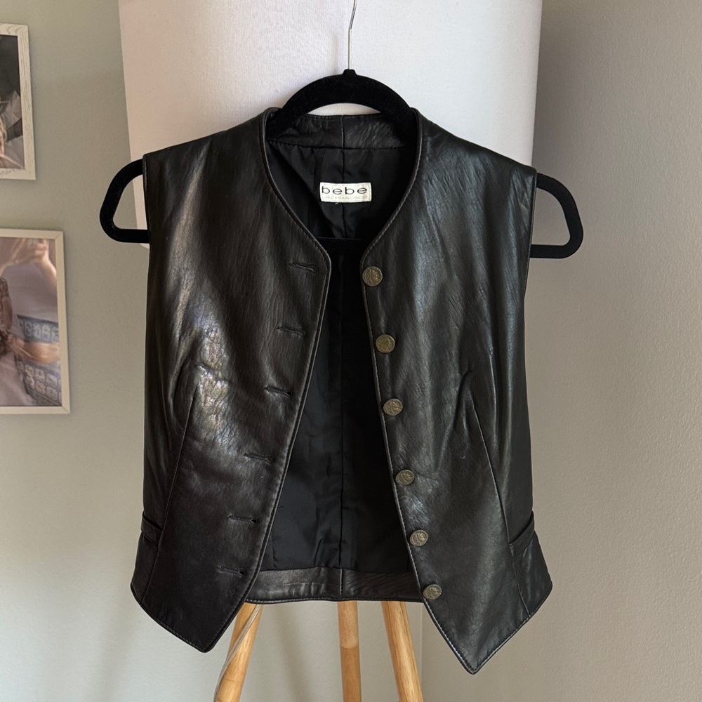 RARE bebe 90’s Black Leather Button-Front Vest